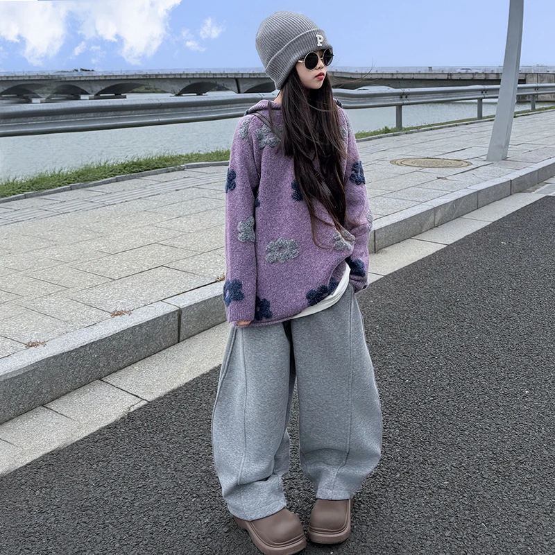 女童2025新款韩系时尚休闲日常穿搭甜美连帽厚毛衣加绒卫裤套装潮