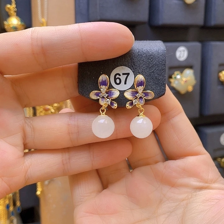 银S925镀金镶嵌和田玉耳饰