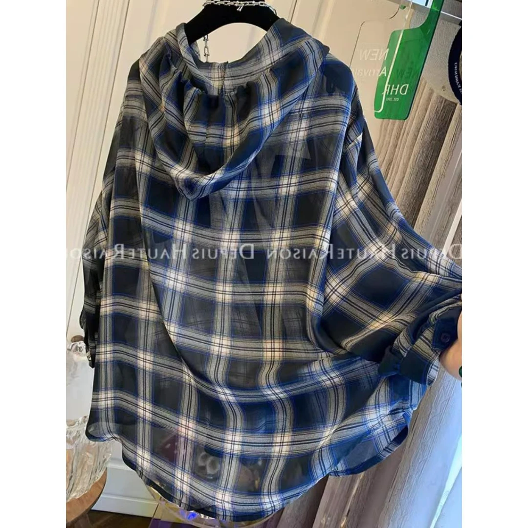 特大码300斤轻奢洋派格子雪纺长袖衬衫男女夏宽松百搭连帽防晒衣1