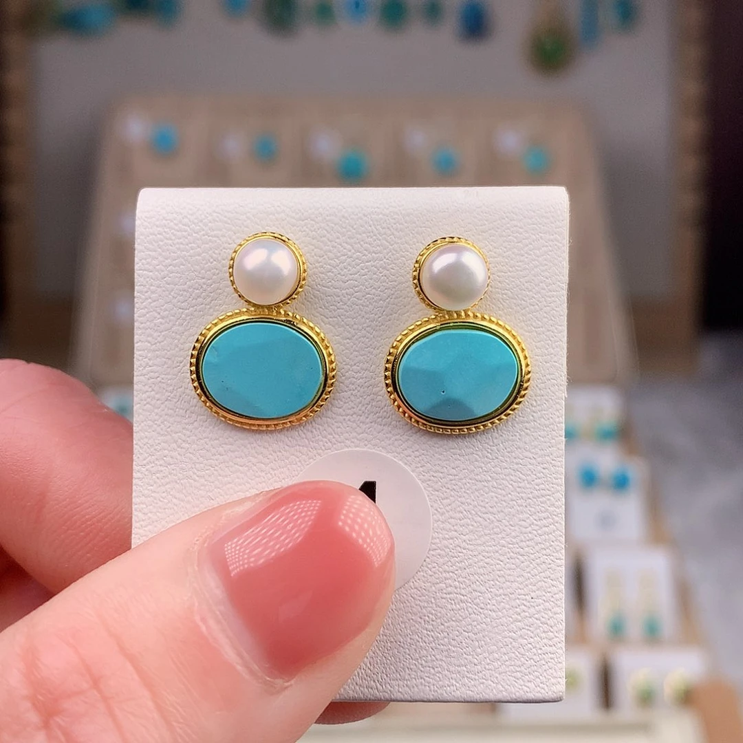 绿松石耳饰银S925镶嵌