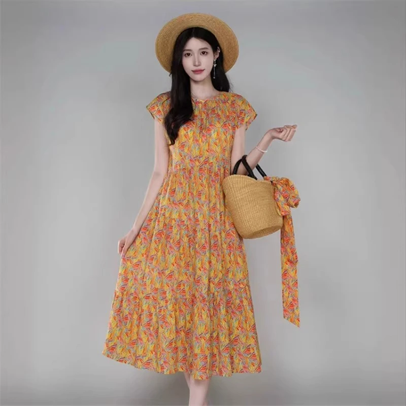 商城同款2025春夏新款时尚百搭圆领印花小飞袖连衣裙女5500533