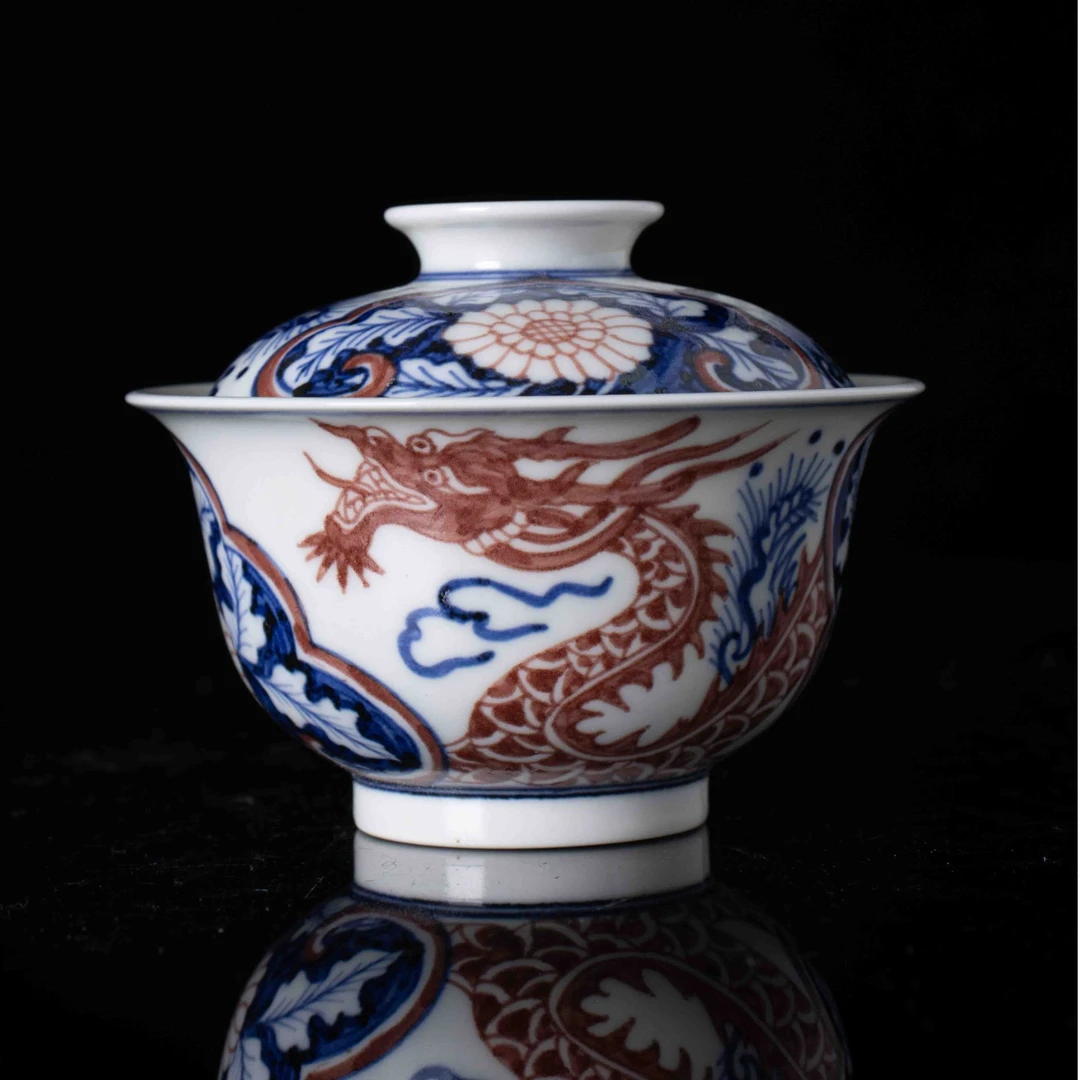 景德镇官方甄选 雨溪山房 红穿花龙盖碗