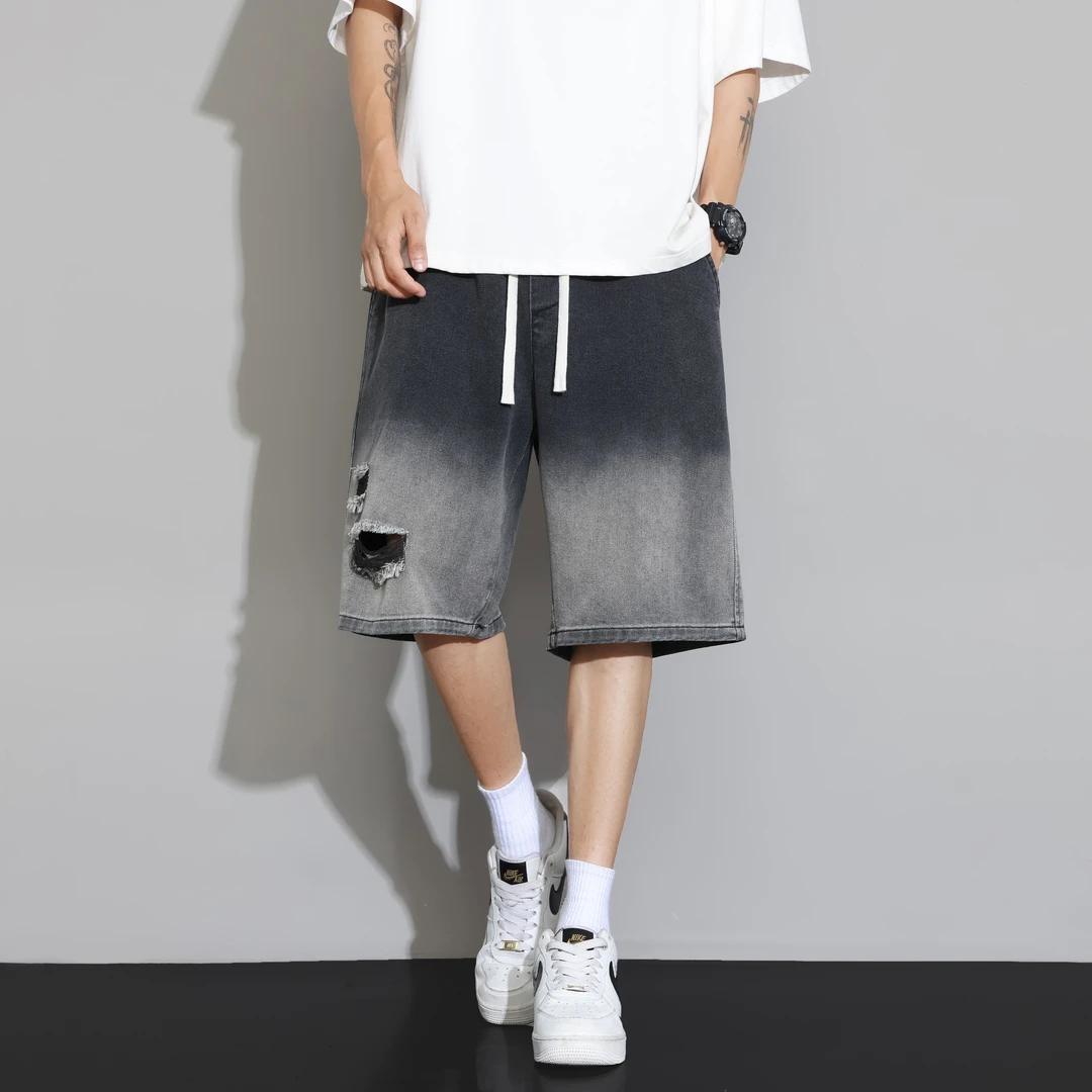 【EP】夏季破洞牛仔短裤男女款薄款美式复古渐变色高街宽松休闲短裤