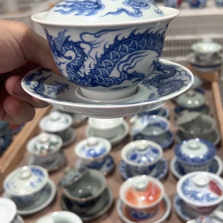 瓷片白青花铠甲龙元宝盖碗全品