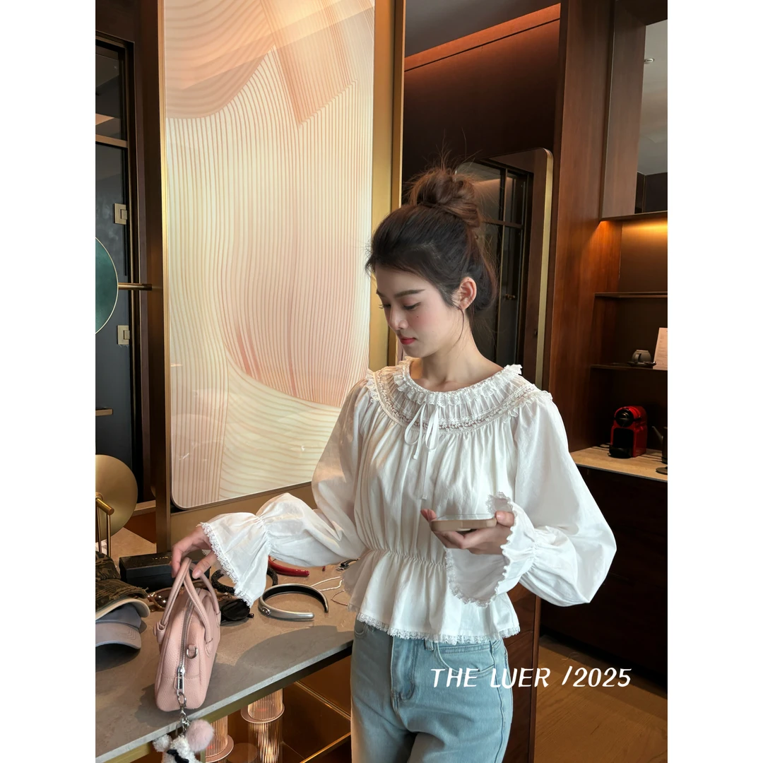 【LUER】爱丽丝~蕾丝吊带小衫时尚百搭女士一字肩褶皱气质1134