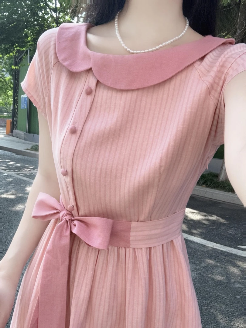 2025新款茶歇法式超好看高端精致粉色娃娃领小飞袖连衣裙