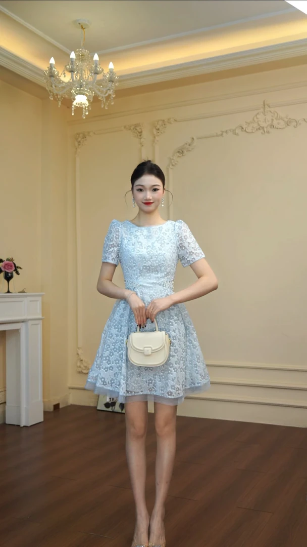 A字裙不褪色拼接高腰碎花连衣裙甜美气质女装蕾丝45224