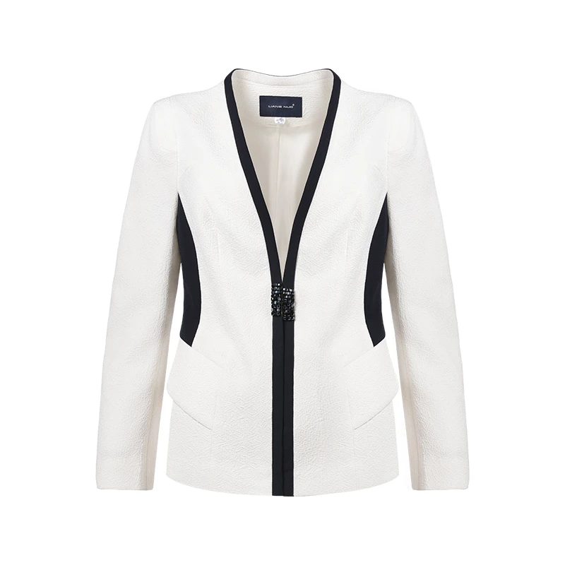 靓诺白色机理拼蓝边上衣修身短款LS15133A长袖百搭春秋时尚潮流