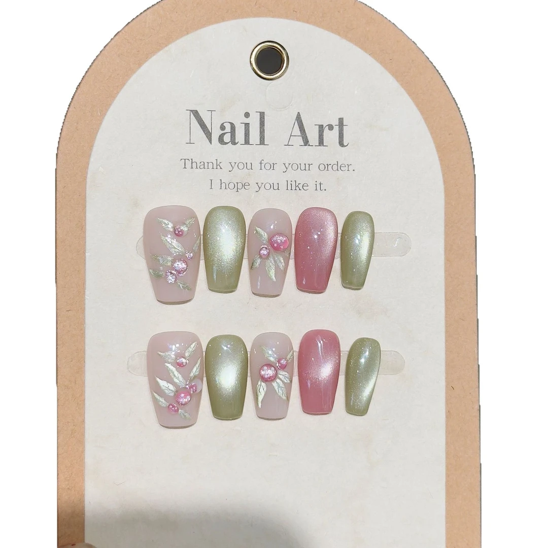 杨梅熟了 手绘枝叶立体杨梅猫眼纯手工穿戴甲精品高货春夏