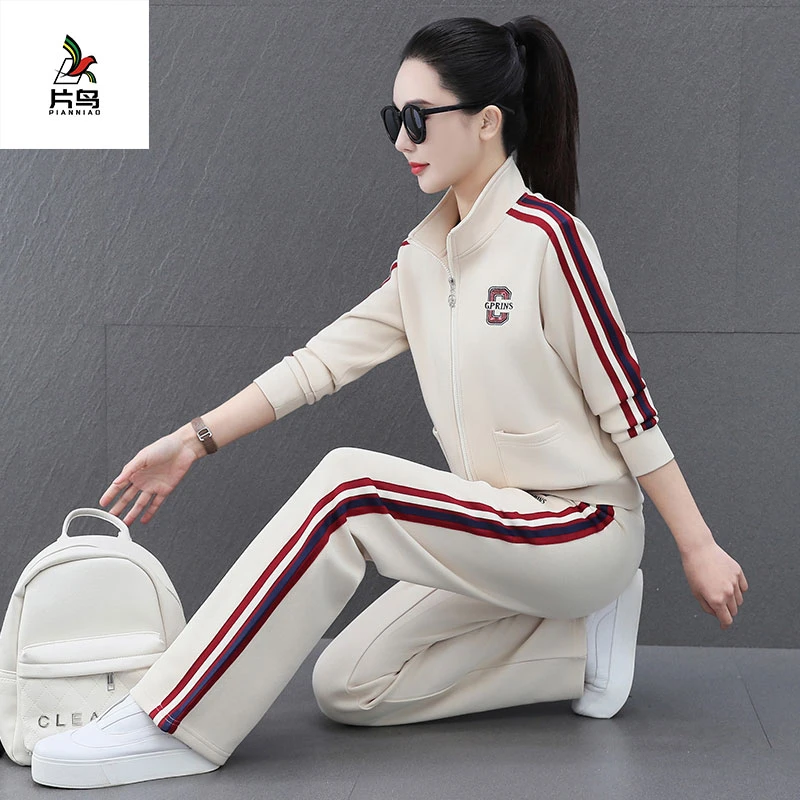 休闲运动套装女2025秋季新款洋气减龄翻领长袖外套直筒裤两件套