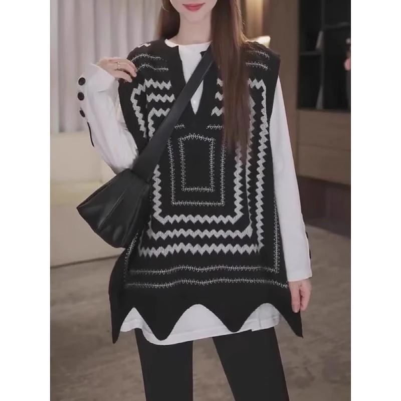 大码设计感叠穿针织马甲女2025早秋新款胖mm宽松洋气马夹上衣套装