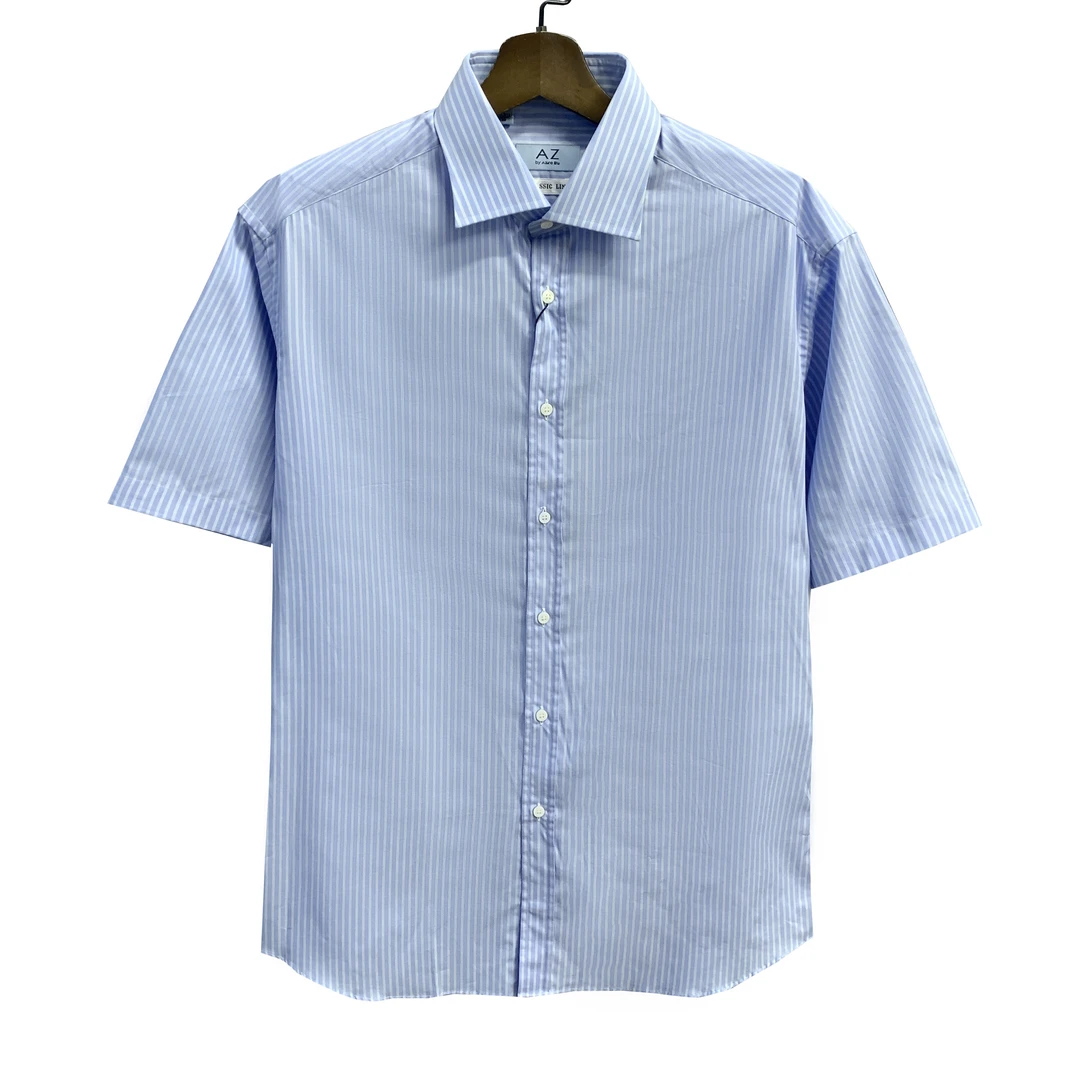 A爱其【短袖+法式袖】140支浅蓝色条纹贝壳扣100长绒棉男士衬衫1941