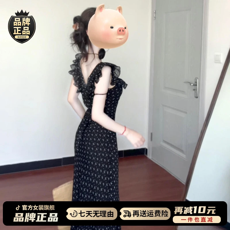 黑色小飞袖吊带碎花连衣裙子女夏季2025新款爆款海边度假绝美长裙