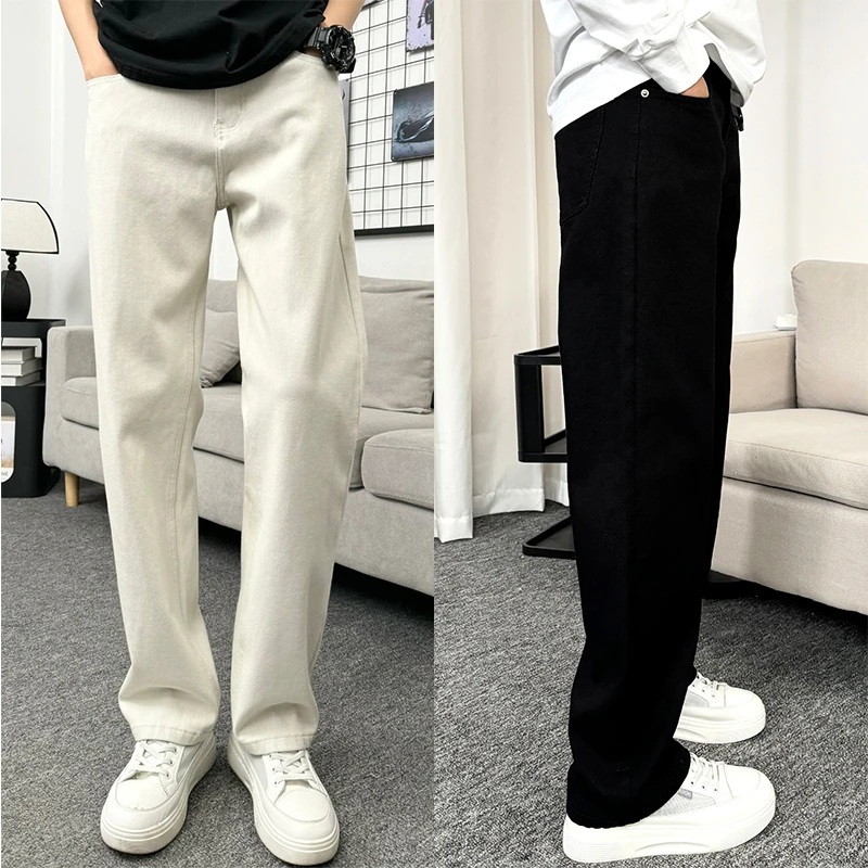 cleanfit干净穿搭米白色牛仔裤直筒裤美式休闲高街简约百搭牛仔裤