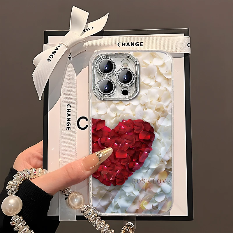 适用于【苹果】15ProMax红色爱心玫瑰花瓣时尚精孔羽纱手机壳