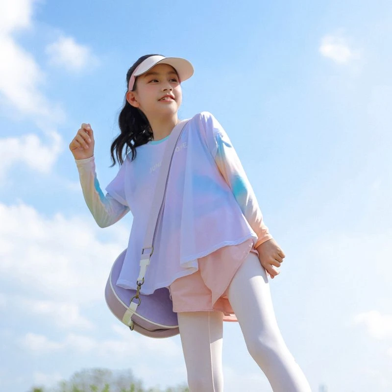 鹅小宝 2025夏新款女童假两件防凉感速干儿童运动长袖T恤上衣