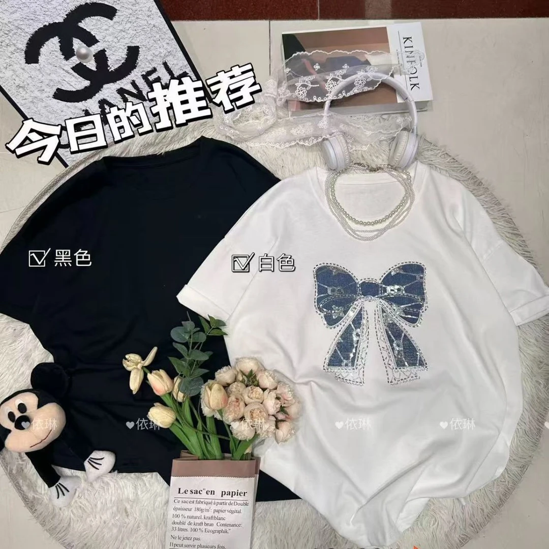 孕妇装夏季2025新款重工蝴蝶结烫钻短袖T恤女中长款大码宽松上衣