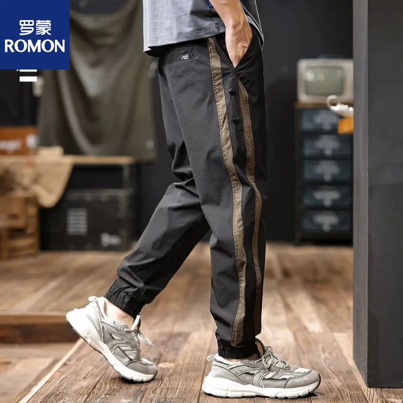 罗蒙弹力透气凉感冰丝运动休闲裤男士束脚夏季薄款裤子九分工装裤