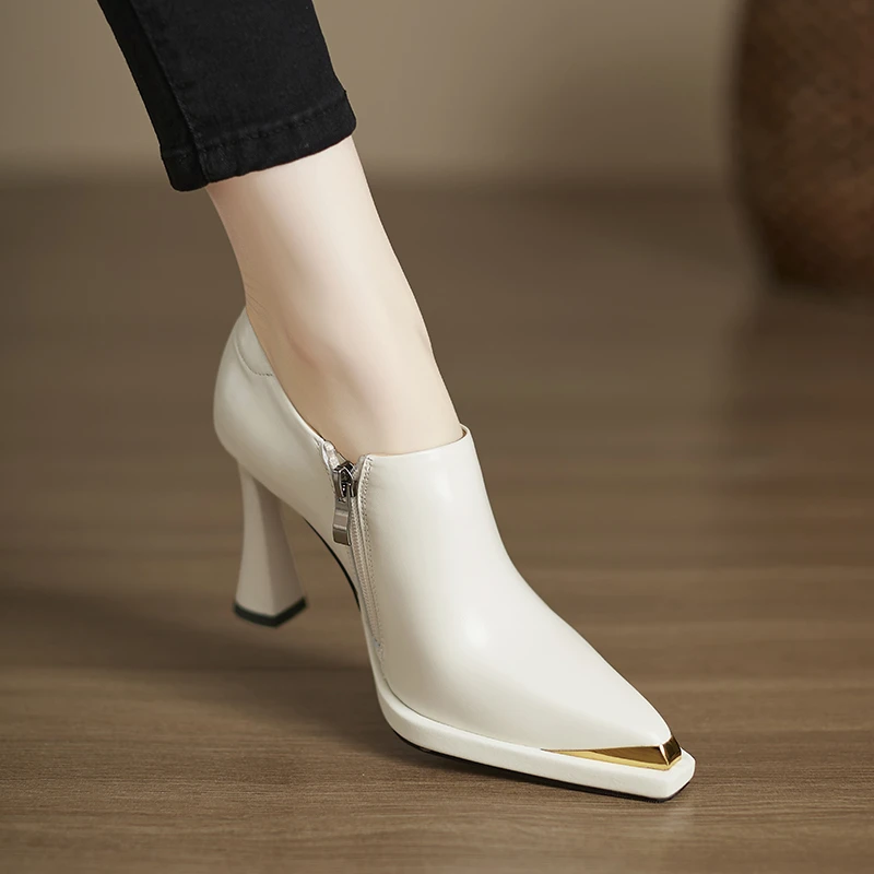 修悦手工女鞋9.5cm~防水台女高跟秋冬新款单鞋细跟白色头层牛皮