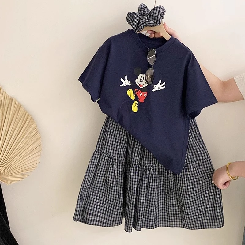 女童卡通T恤套装夏季2025新款儿童时髦夏装女孩格子半身裙两件套