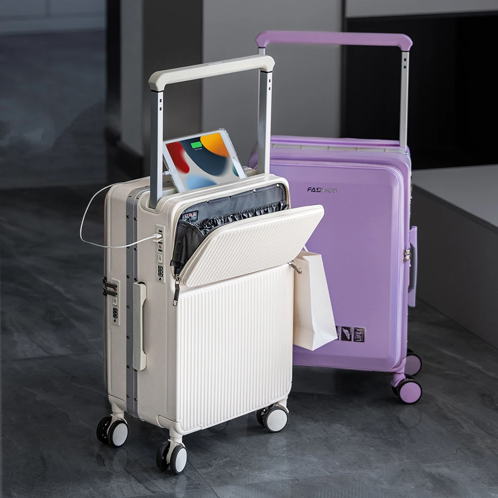 新款前开口行李箱20寸登机箱男多功能侧开盖拉杆箱宽拉杆密码箱女