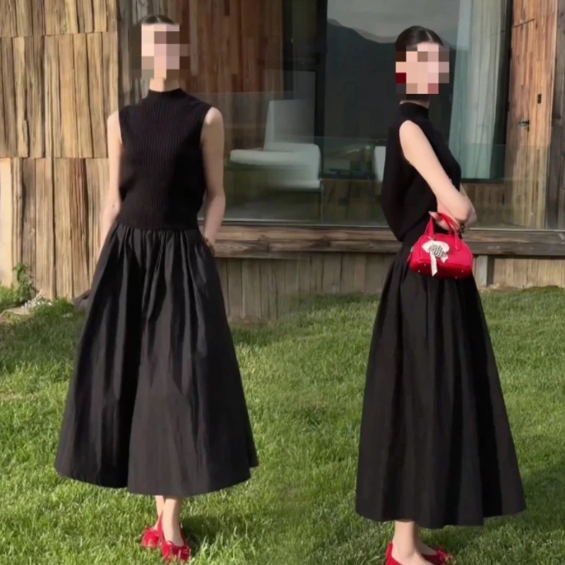 夏季新款针织坎肩袖气质竖条纹黑色上衣➕纯色休闲百搭高腰半身裙