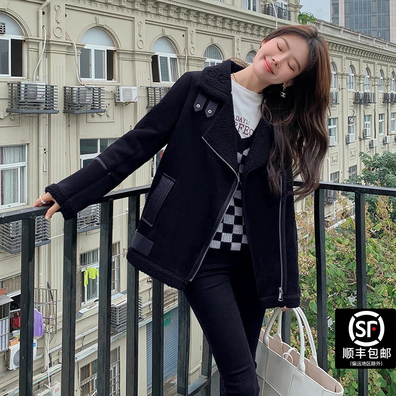 蓝语大码女装胖mm仿羊羔毛皮毛一体外套秋冬新款巨显瘦外套棉服