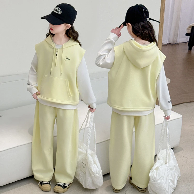 女童春秋连帽马甲套装中大童洋气休闲衣服长袖衫+马甲+长裤穿搭