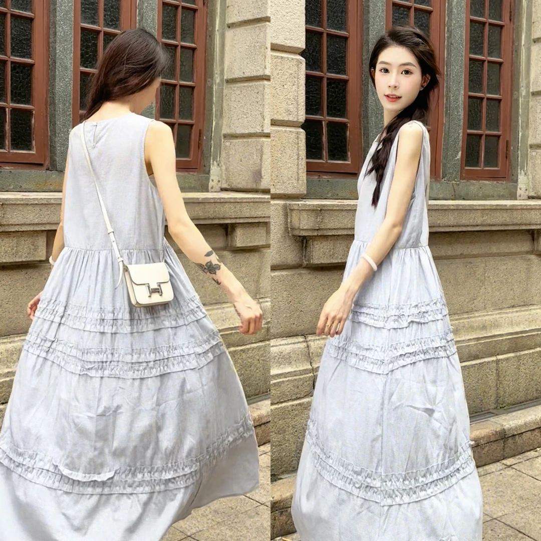 【温小柔定制.云间蓝语】2025春夏新款木耳花边减龄显瘦背心连衣裙