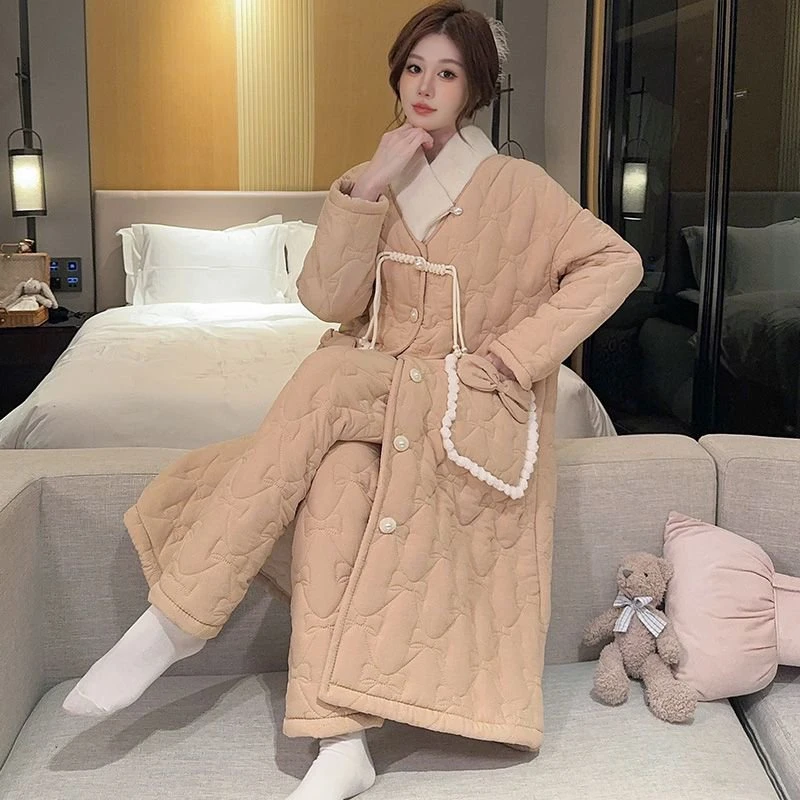 睡衣女新款冬季加厚加绒三层夹棉袄家居服保暖大码