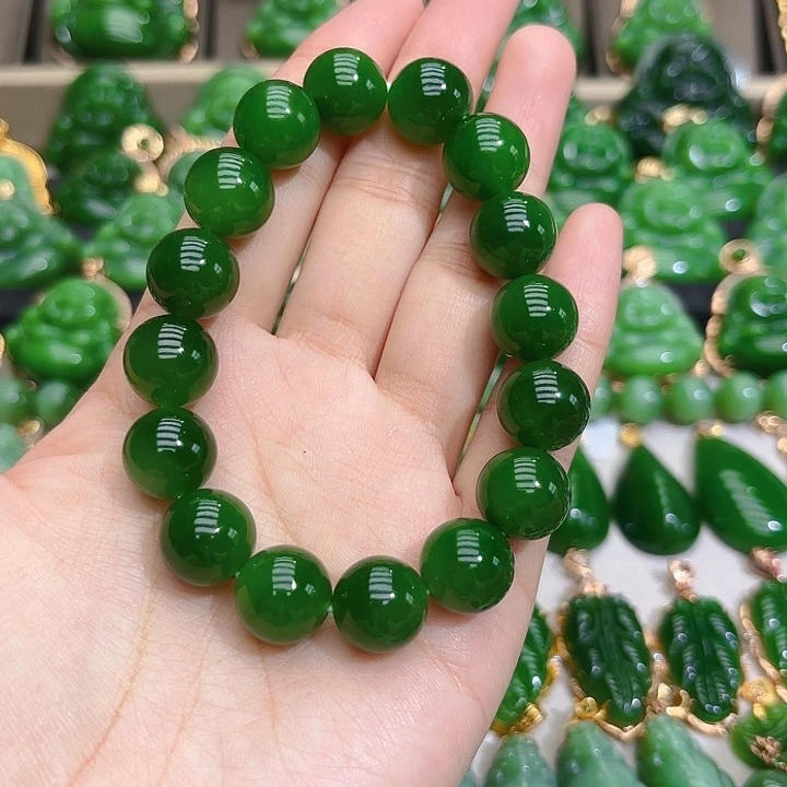 和田玉（碧玉）手串未镶嵌特价款13m阳绿单圈