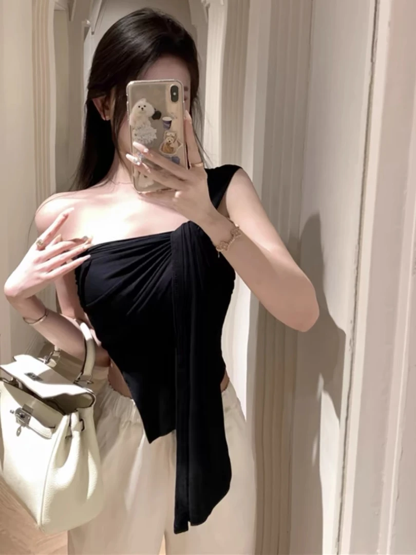 1308法式纯欲甜辣妹小众设计感绝美短款不规则修身露肩上衣T恤