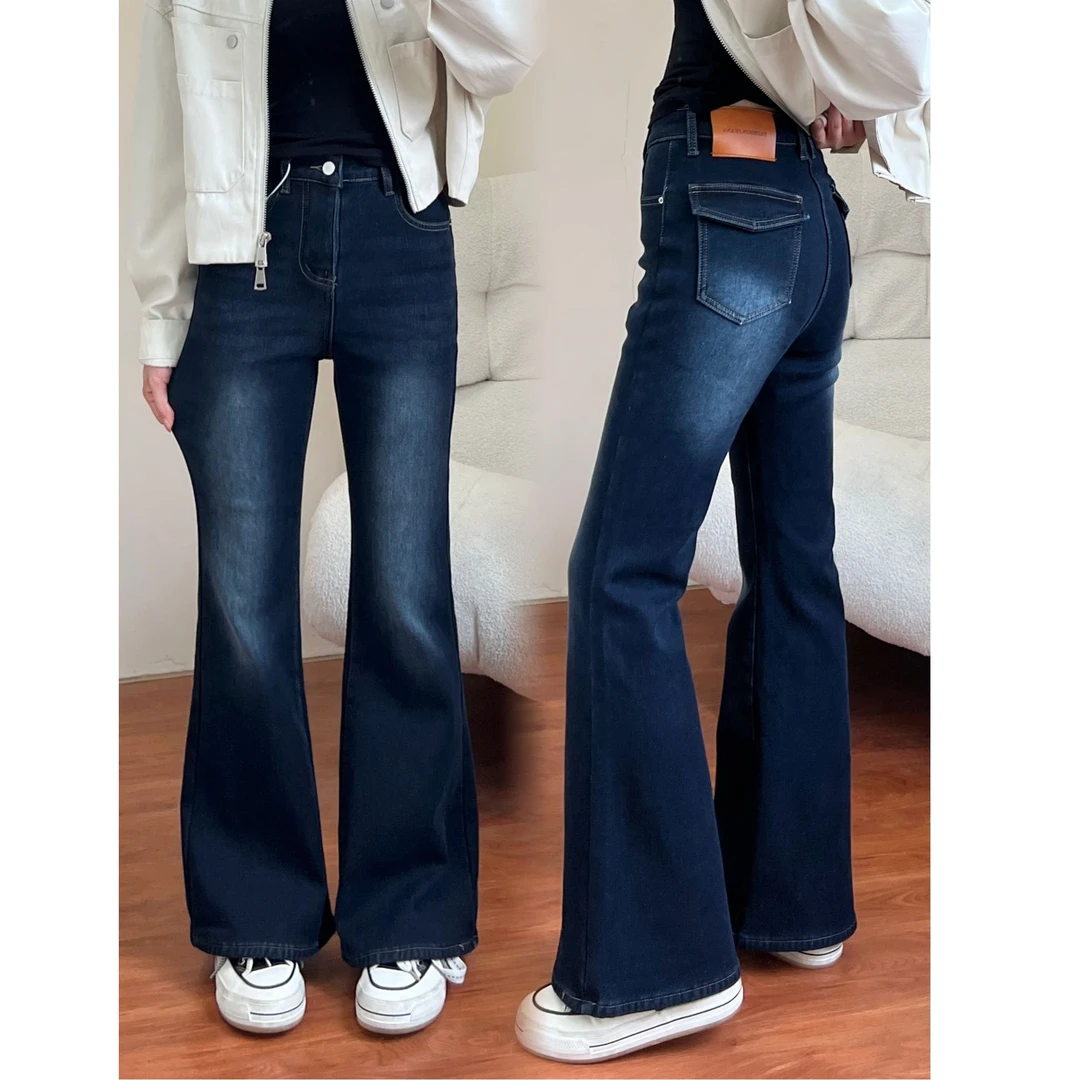 蓝灰加绒加厚微喇牛仔裤女2025秋冬新款弹力高腰显瘦马蹄喇叭长裤