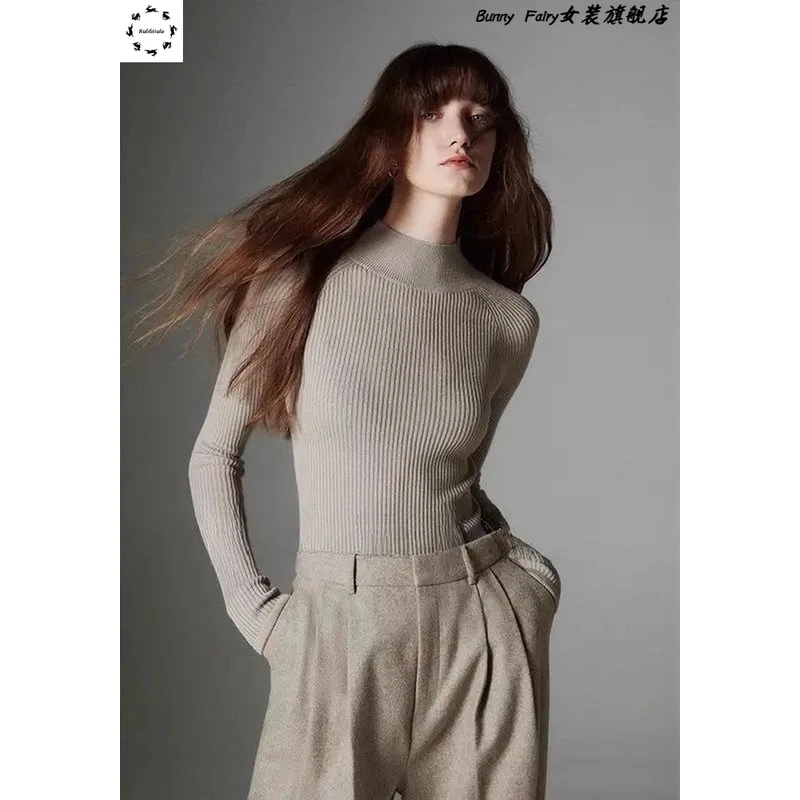 法式米灰半高领针织打底衫女秋冬加厚显瘦毛衣高级感修身内搭上衣