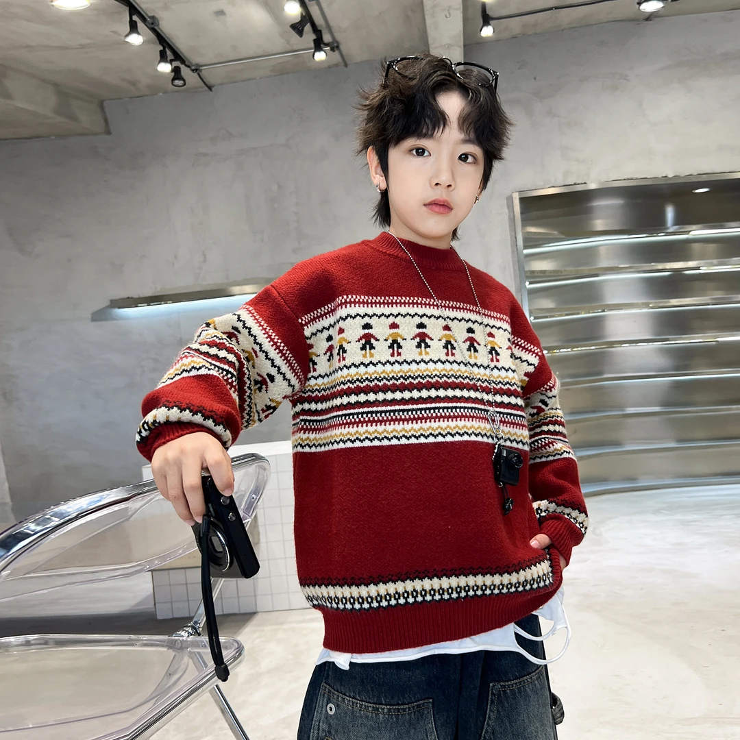 男童秋冬加厚圆领毛衣2025新款大儿童装男孩冬季内搭针织衫保暖潮