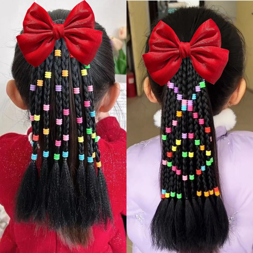彩色串珠麻花辫假发12股辫子珠光蝴蝶结可拆卸脏辫表演儿童节假发