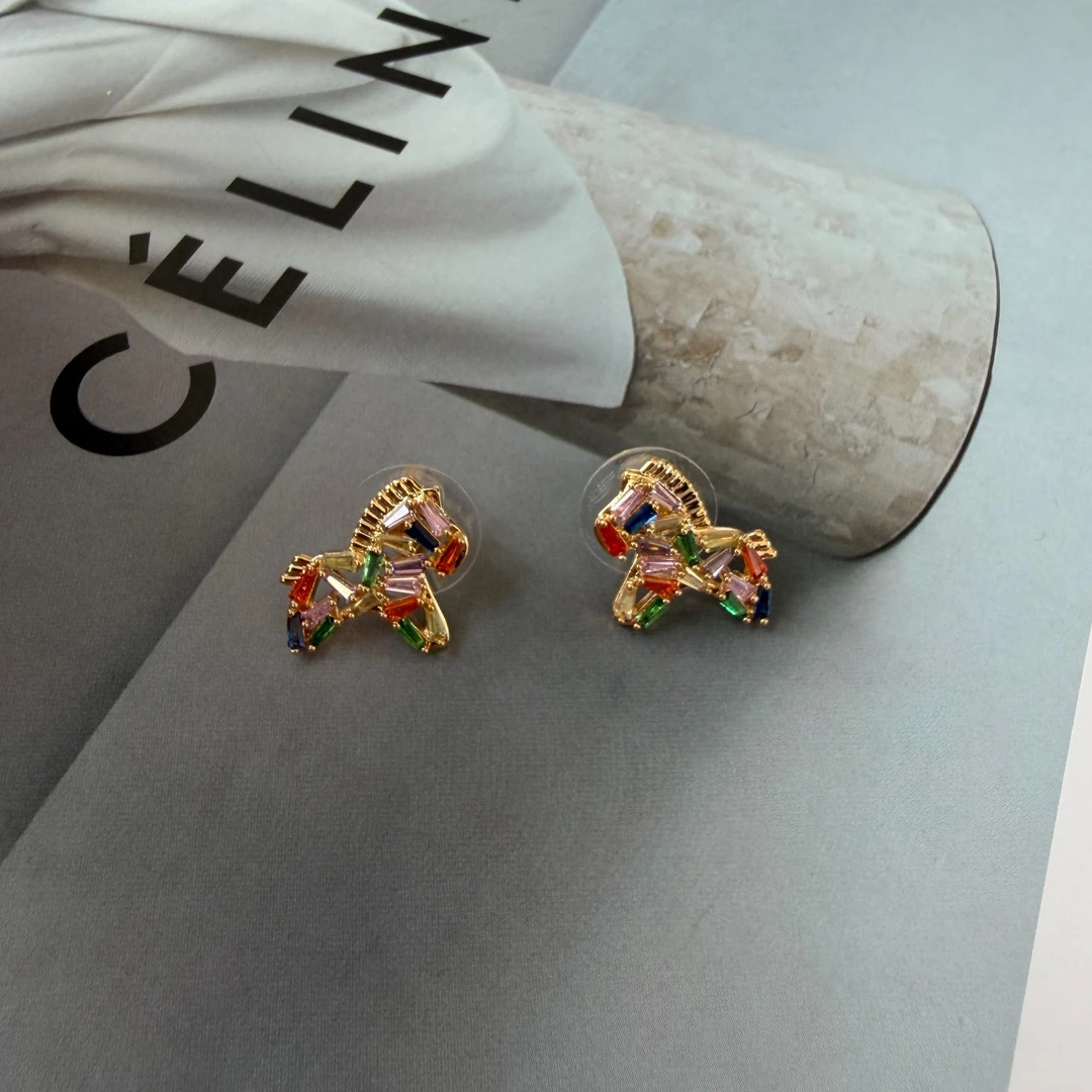 铜合金耳饰 七彩锆钻小马耳钉项链 2025新款闪亮高级感轻奢耳环