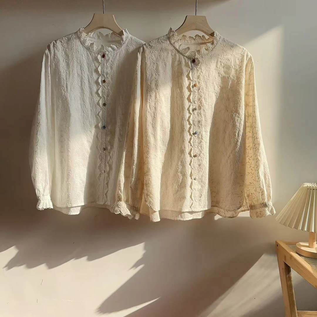 MANXMAN【恋恋花影】新款刺绣拼接彩扣直筒下摆开叉显瘦衬衫女