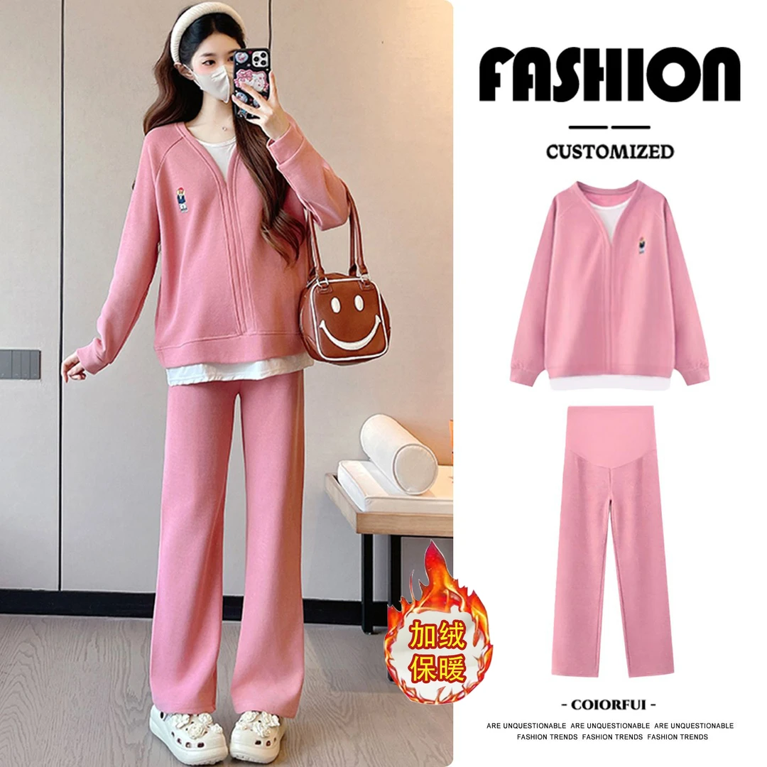 【因为爱】孕妇装套装加绒加厚时尚网红假两件长袖卫衣休闲两件套