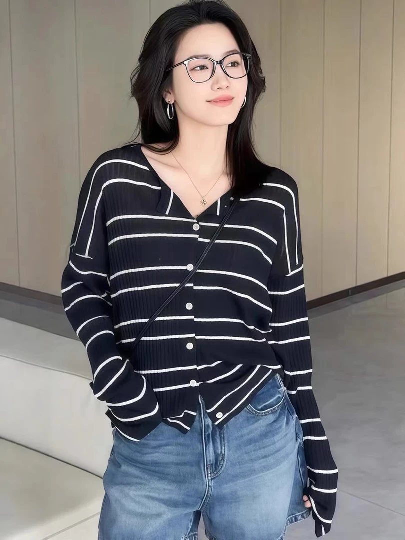 【藏蓝开衫】极简天丝麻轻薄条纹针织开衫 夏天穿不热22918