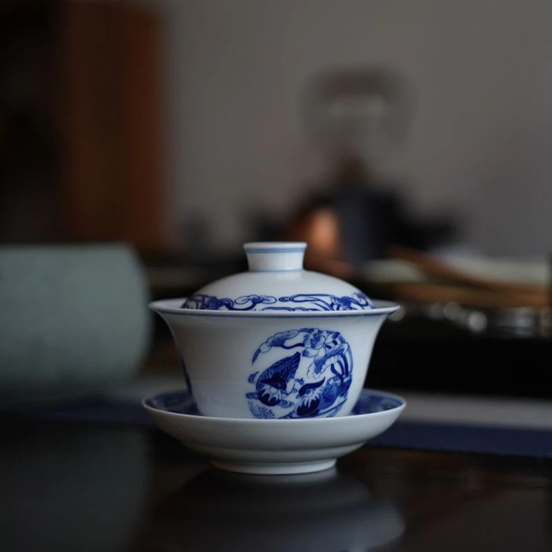 景德镇陶瓷青花三才盖碗釉下彩全手工手绘白瓷薄胎茶空间功夫茶具