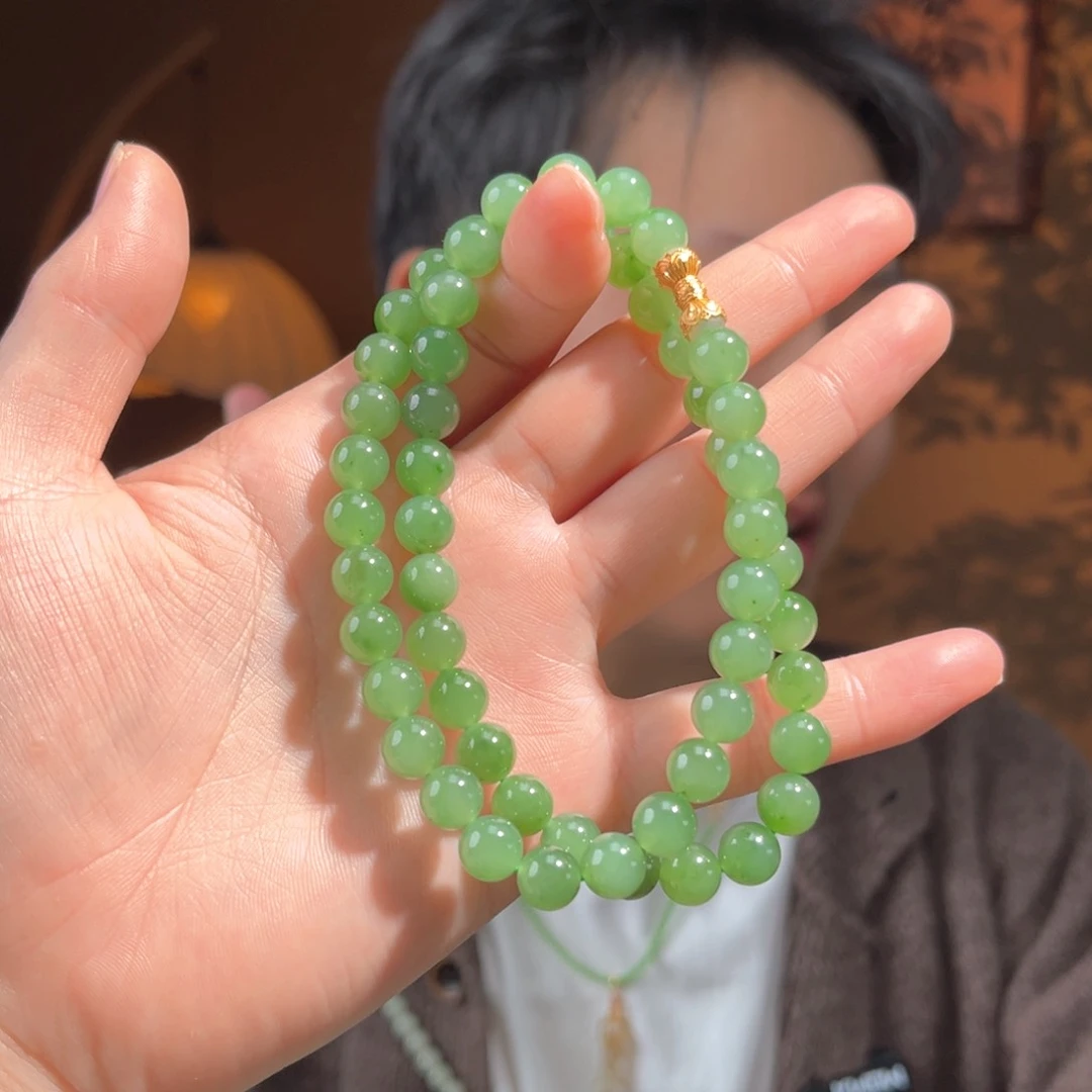 颈饰银S925镶嵌和田玉乌兰海苹果绿8mm妈妈链2000