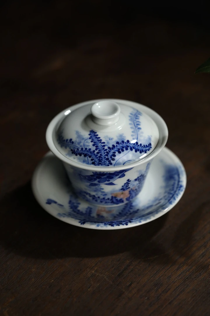 艺家仁清工三才鱼藻陶瓷全手工手绘三才盖碗