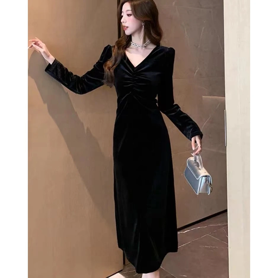 【苏兰文】女高级感V领开叉长袖连衣裙修身收腰小黑裙8635