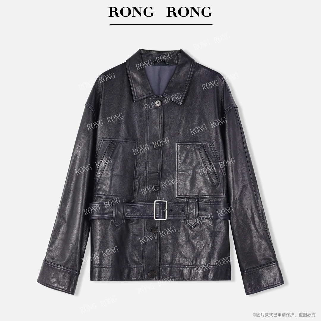 溶溶【黎明暮蓝】RONGRONG 100绵羊皮高定法式极简皮衣MYOL82811