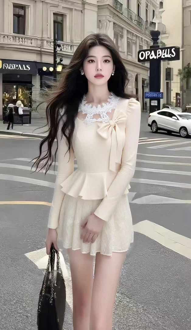 时尚休闲通勤风杏色不规则长袖蕾丝设计上衣+杏色百搭半身裙套装