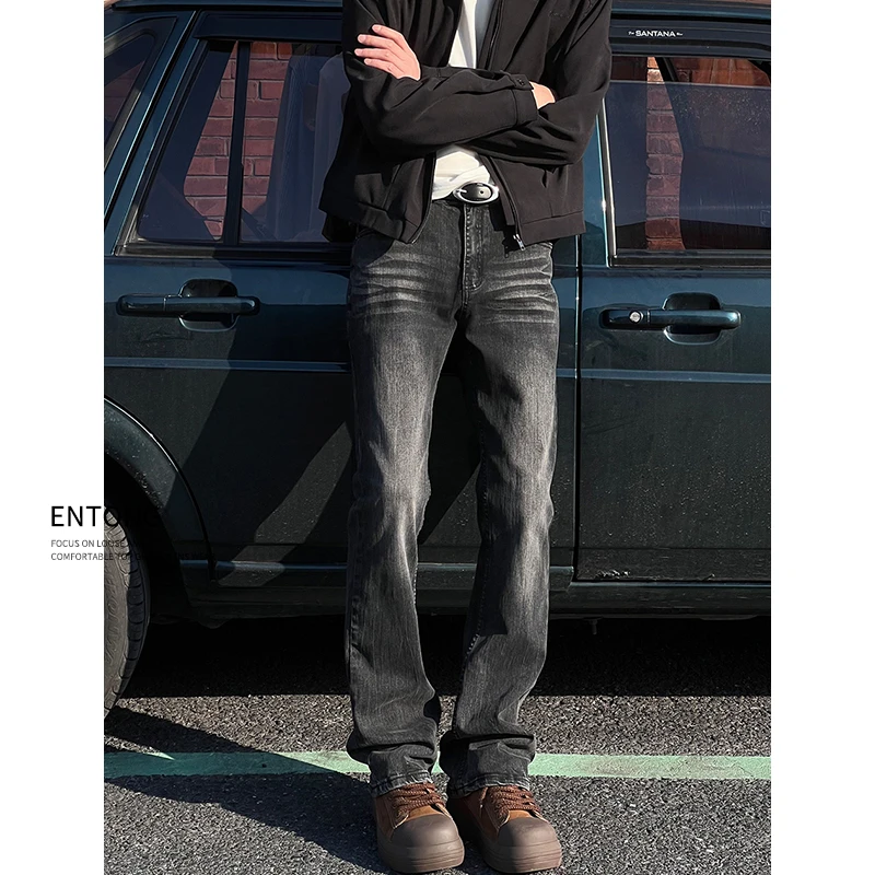 Entong美式高街vibe黑灰色水洗微喇牛仔裤男复古直筒修身百搭长裤