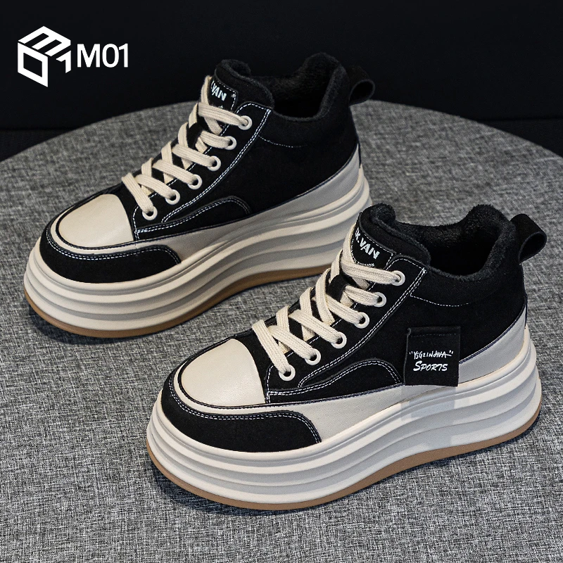 M01鞋子女2025新款爆款秋冬季加绒增高厚底黑色运动休闲高帮板鞋