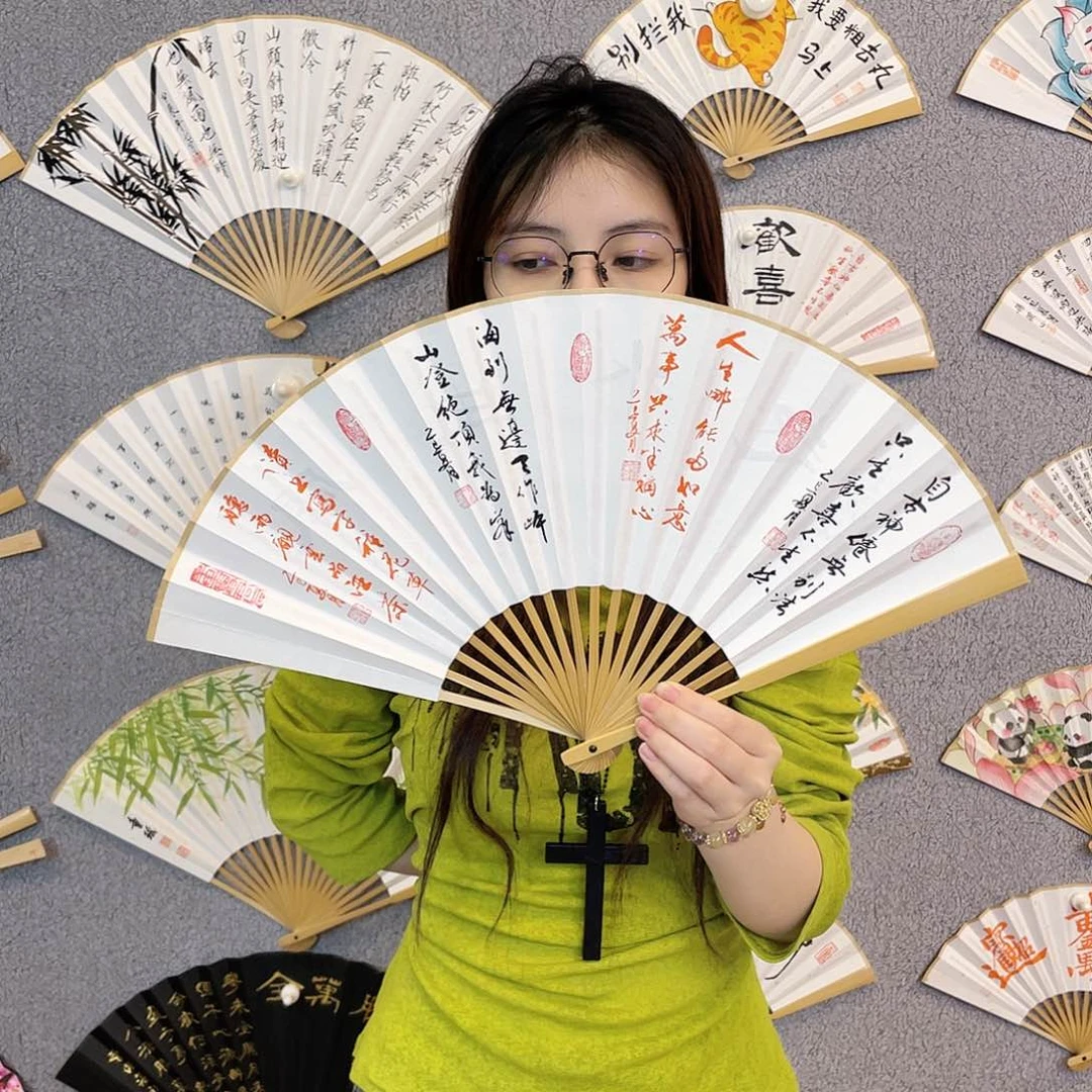 书法8寸玉竹-纯手绘-文玩扇骨（默认粘好）