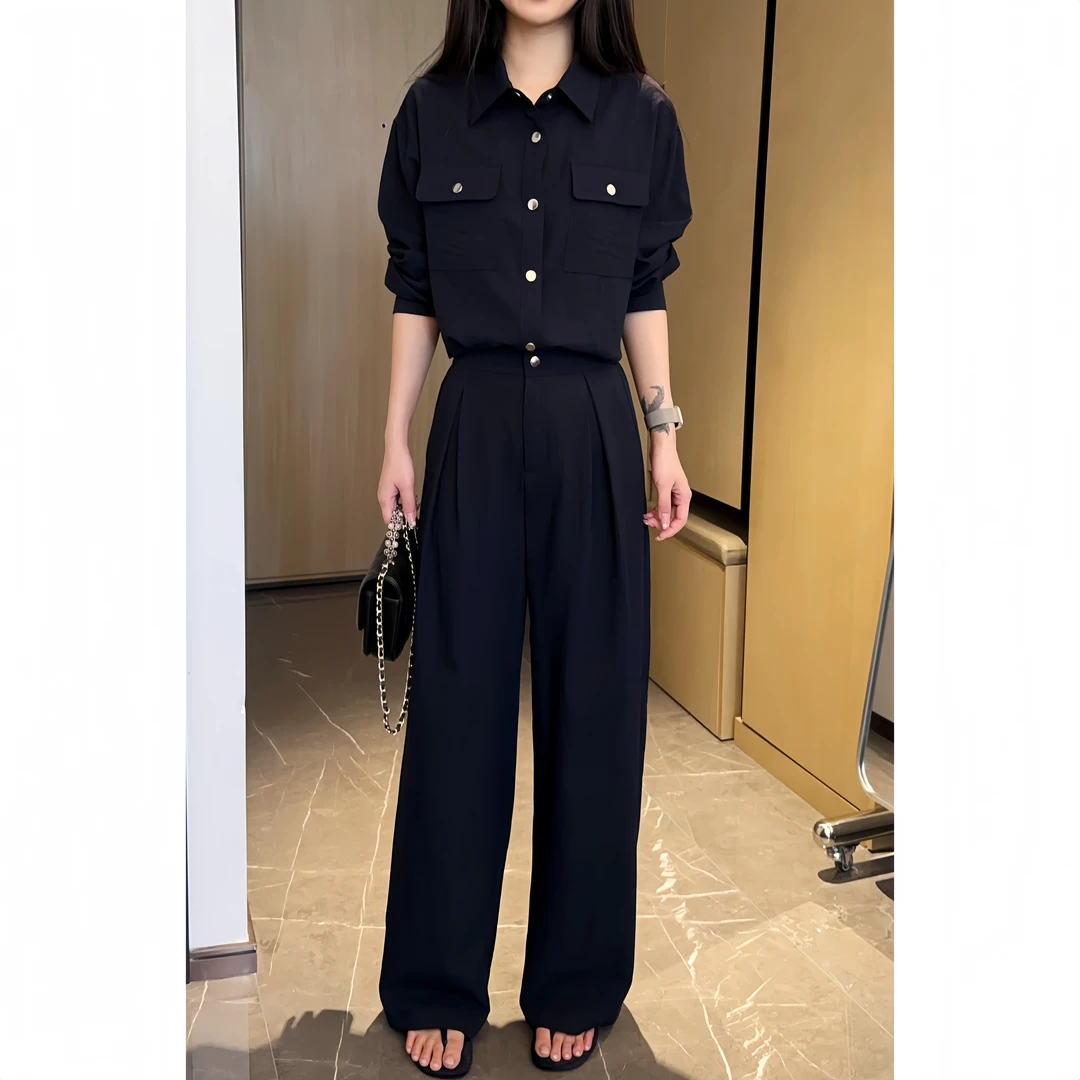 2025新款时尚套装女帅气长袖衬衫+宽松阔腿裤休闲两件套